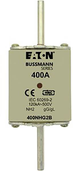 Sicherung 'Eaton Bussmann 400A', zylindrisch, mit CE-Kennzeichnung und Spezifikationen für 120kA/500V, Typ: NH2 gGgL.