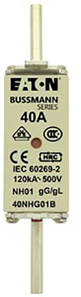 Sicherungseinsatz, 40 A, mit Aufschrift 'Eaton Bussmann Series', geeignet für 500 V und 120 kA. Standardsymbole und Produktcode aufgedruckt.