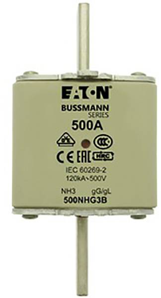 Elektrische Sicherung von Eaton, Bussmann Serie, 500A, IEC 60269-2 Standard, 120kA-500V, NH3 gG/gL, symmetrische Metallschäfte oben und unten.