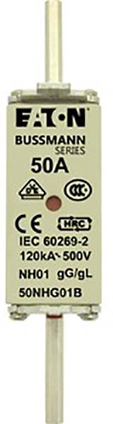 Sicherungseinsatz mit der Aufschrift 'EATON BUSSMANN SERIES 50A 120kA 500V'. Enthält Zertifizierungs- und Schutzangaben.