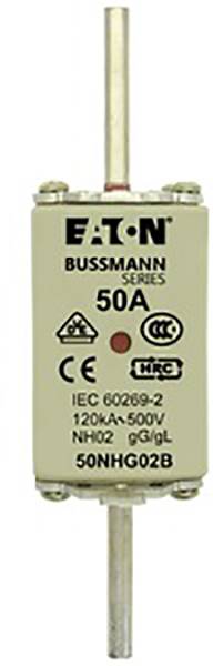Sicherung mit Aufdruck 'Eaton Bussmann Series, 50A, IEC 60269-2, 120kA/500V, NH02'.