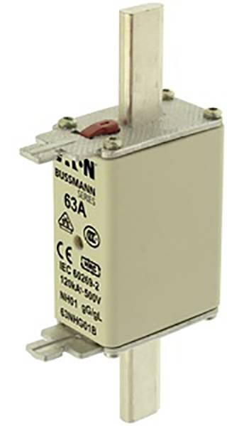 Industrielle Sicherung mit der Aufschrift '63A', Modell Bussmann. Geeignet für Anwendungen bis 500V, konform mit IEC-Normen.