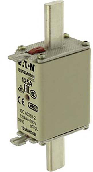 Sicherungseinsatz von Eaton Bussmann, 125A, mit Metallkontakten oben und unten, geeignet für 500V. CE- und EAC-Kennzeichnung vorhanden.
