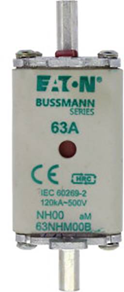 Sicherung von Eaton Bussmann Serie NH00 mit 63A Stromstärke, geeignet für IEC 60269-2, Spannung von 120kA-500V.