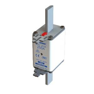 Elektrischer Sicherungsschalter, quadratisch, mit grauem Gehäuse und blauer Beschriftung, zeigt 250A und CE-Zertifizierung.