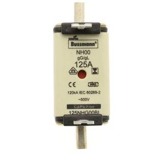 Eine elektrische Sicherung 'Bussmann NH00 125A', geeignet für 500V AC und 120kA, dargestellt.