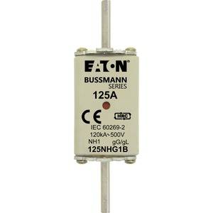 Eine 'Eaton Bussmann Series' 125A NH-Sicherung mit IEC 60269-2 Norm, 120kA-500V, gG/gL Typ, Modell 125NHG1B.