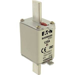 Sicherung der Bussmann-Serie von Eaton, 125A, rechteckige Form mit metallischen Anschlüssen oben und unten, geeignet für 500V Anwendungen.