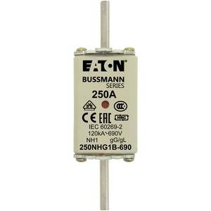 Eine NH-Sicherung der Marke Eaton Bussmann Series mit 250A, geeignet für Spannungen von 120kA/690V gemäß IEC 60269-2.