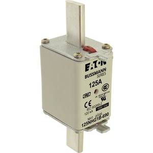 Leistungssicherung Eaton Bussmann Serie, 125A, NH1 Typ, mit Metallkontakten oben und unten, geeignet für Hochstromanwendungen.