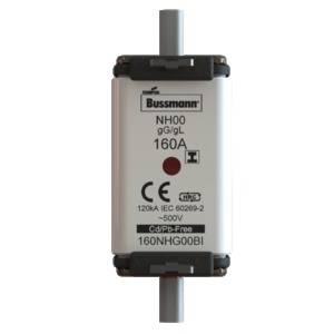 Eine elektrische NH-Sicherung von Bussmann, Typ NH00 gG/gL, mit einem Bemessungsstrom von 160A und 500V, gemäß Norm IEC 60269-2.