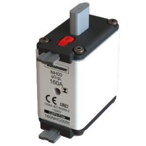 Ein zylindrischer Sicherungseinsatz mit der Aufschrift 'NH00 gG/gL 160A'. Herstellerlogo 'Bussmann'.