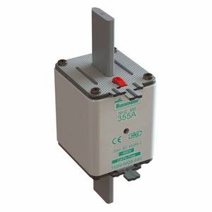 Sicherungseinsatz mit grauem Gehäuse und aufgedruckten technischen Details, geeignet für Stromkreisanwendungen bis 355A.