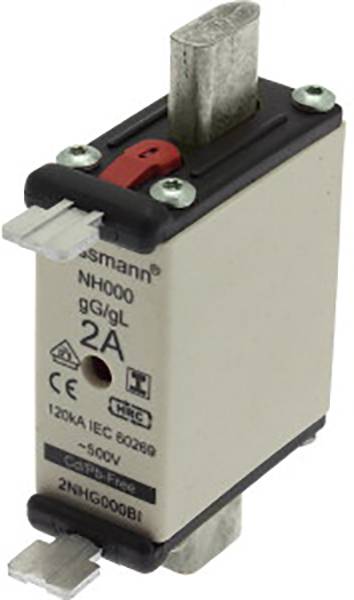 Sicherungseinsatz NH00, 2 Ampere, mit Metallkontakten und roten Sicherheitselementen, geeignet für elektrische Schaltanlagen.