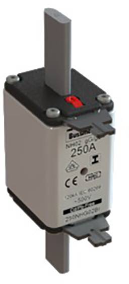 Ein elektrischer Sicherungseinsatz mit der Aufschrift '250A' und CE-Zeichen; dient zum Schutz vor Überstrom in elektrischen Kreisläufen.