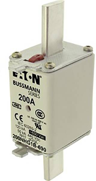 Sicherung der Bussmann-Serie von Eaton, 200A, mit metallischen Anschlüssen. Geeignet für industrielle elektrische Anwendungen.