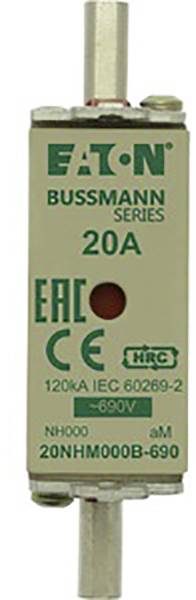 Sicherung von Eaton Bussmann Serie, 20A, 120kA, IEC 60269-2, 690V Spannung, Modell 20NHM000B-690.