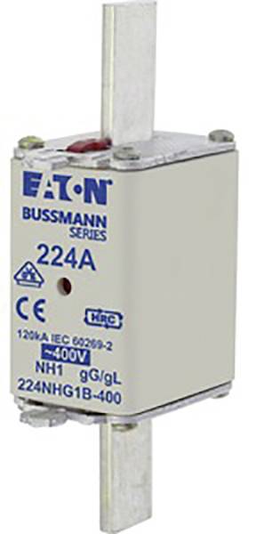 Eine elektrische Sicherung vom Typ 'EATON BUSSMANN 224A', NH1, 400V. Sie hat einen weißen Korpus mit blauen Markierungen.