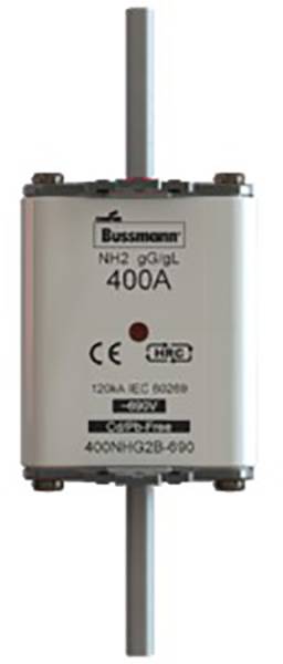 Stromsicherung von Bussmann mit der Aufschrift 'NH2 gG/gL 400A', CE-Zeichen und technischen Spezifikationen sichtbar.