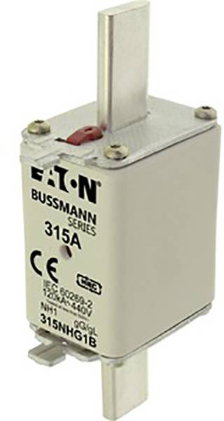 Ein quadratischer Sicherungseinsatz von Eaton der Bussmann Series mit der Aufschrift '315A', geeignet für 690 V~, zeigt CE-Markierung und technische Details.