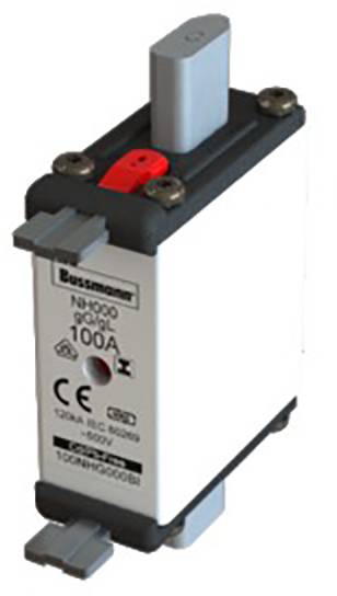 Sicherungseinsatz NH000 von Bussmann, 100A, 500V. Weiße Gehäusefarbe mit schwarzen und roten Akzenten, geeignet für elektrische Anwendungen.