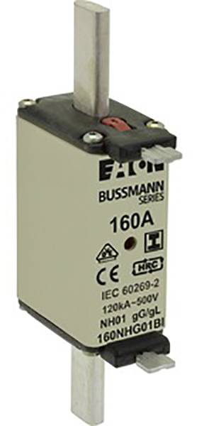 Abgebildet ist eine Eaton Bussmann NH-Sicherung mit einer Nennstromstärke von 160A und einer Spannung von 500V, zur elektrischen Absicherung.