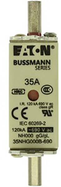 Sicherungseinsatz der Bussmann Serie von Eaton, 35A, NH000, 690V AC/DC, mit CE-Kennzeichnung und IEC 60269-2 Standard.