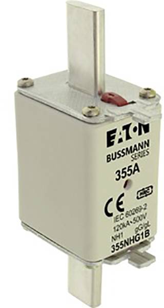 Sicherungseinsatz von Eaton Bussmann, Typ 355NHG1B, 355A, NH1, 120kA/500V. Standard: IEC 60269-2.