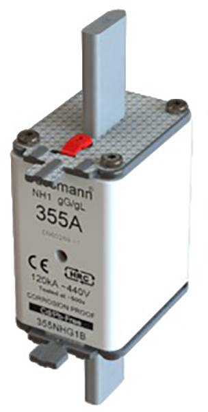 Industriesicherung 355A von NH mit grauem Gehäuse, rotem Indikator und elektrischen Spezifikationen auf der Vorderseite.