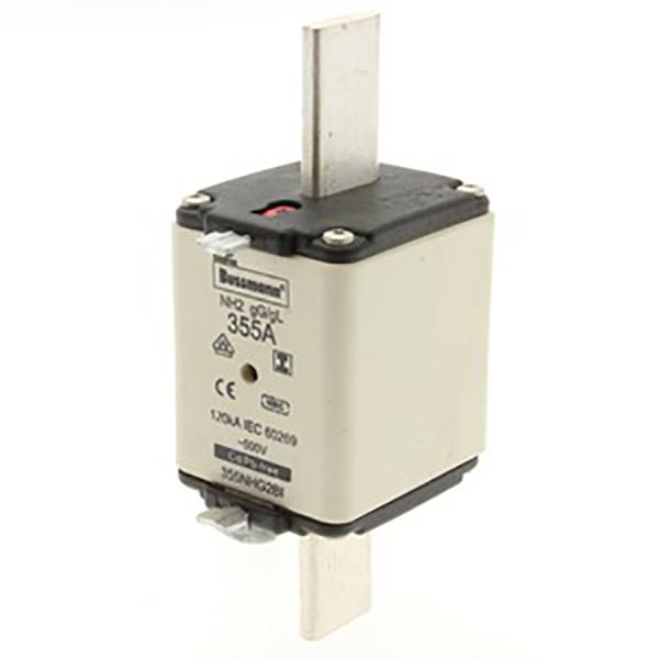 'NH-Sicherung' mit 355A, 690V, Typ 'gL/gG' von Bussmann, zeigt CE-Kennzeichnung. Verwendet zum Schutz elektrischer Anlagen.