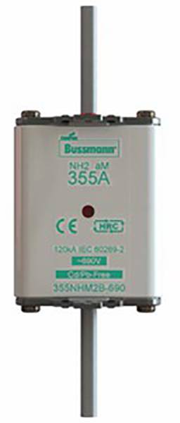 Elektrosicherung, Modell '355A', von Bussmann. Gehäuse aus Metall, Beschriftung zeigt CE-Kennzeichnung und Modellnummer.