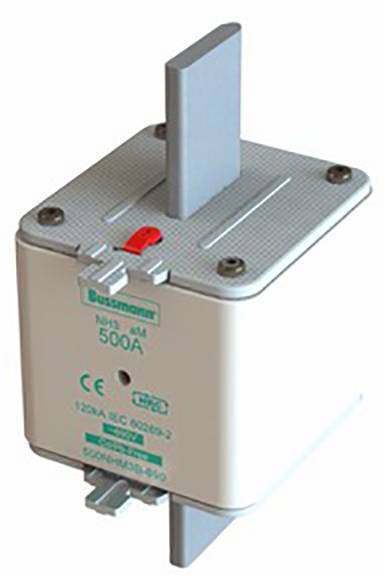 Ein quadratischer Hochleistungssicherungseinsatz mit Metallkontakten und rotem Indikator auf der Oberseite, beschriftet mit '500A'.