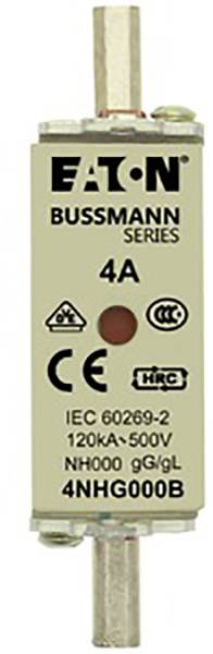 Sicherung aus der Eaton Bussmann-Serie mit 4A. Kennzeichnungen: IEC 60269-2, 120kA-500V, NH000, 9gG/L, 4NHG000B.