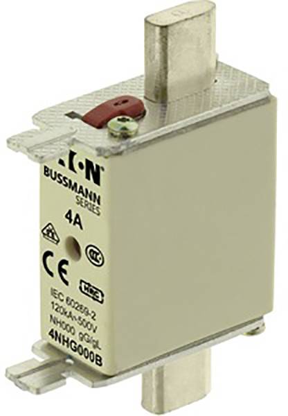 Sicherung von Eaton Bussmann Serie, 4A, 690V, NH000, CE-Kennzeichnung. Zur Stromkreisunterbrechung bei Überlast oder Kurzschluss.
