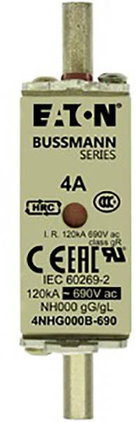 Keramiksicherung der Marke Eaton Bussmann Series. Beschriftet mit '4A', 'CE'-Kennzeichnung und elektrischen Spezifikationen bis 690V.