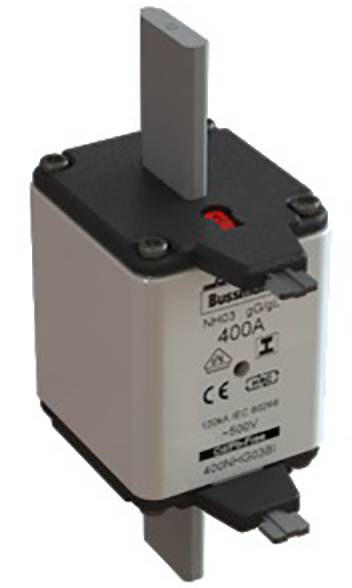 Elektrischer NH-Sicherungseinsatz mit Beschriftung '400A', eingelassenen Kontakten, geeignet für Hochstromanwendungen, rote Anzeige.