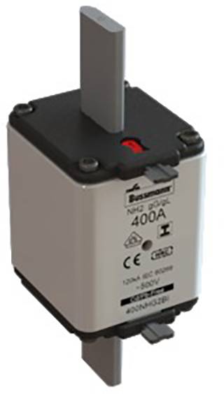 Elektrische Sicherung mit der Aufschrift 'NH2 63A 400A', CE-Zeichen und Spannungshinweis '500V'.