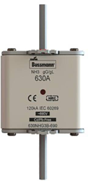 Sicherungseinsatz der Marke Bussmann, Typ NH3 gG/gL, 630A, mit 120kA IEC 60269, zeigt CE- und RoHS-Kennzeichen.