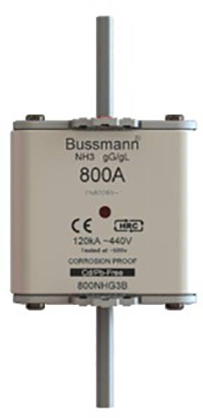 'Bussmann NH3 gG/gL 800A' elektrische Sicherung, geeignet für 120kA und 440V, mit CE-Kennzeichnung.