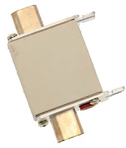 Ein rechteckiger elektrischer Baustein mit zwei Metallanschlüssen oben und unten. Dient zur Verbindung oder Isolierung in elektrischen Schaltungen.