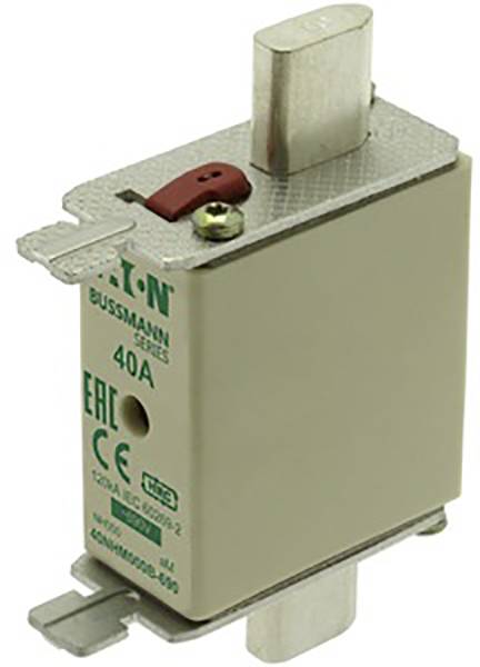 Sicherung 40A mit metallischen Kontakten und grünem Aufdruck 'EATON, BUSSMANN'.