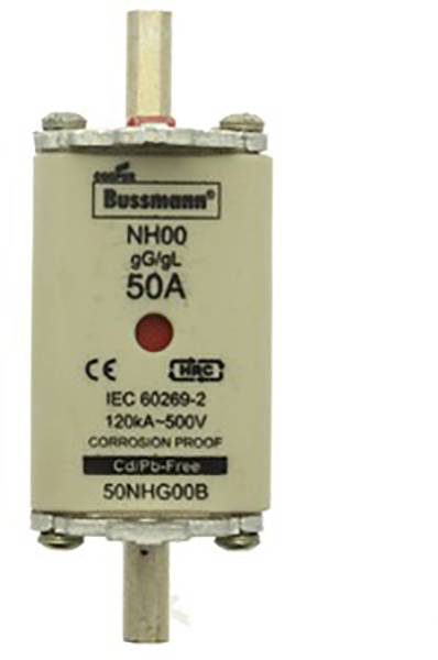 Sicherungsbolzen 50A von Bussmann, Typ NH00, mit IEC 60269-2 Norm. Geeignet für 120kA bei 500V. Korrosionsbeständig und Cd/Pb-frei.
