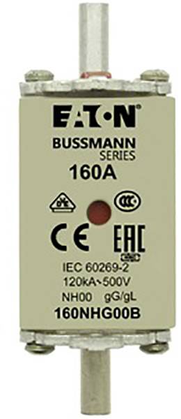 Sicherung der Marke Eaton, Bussmann-Serie, 160A, gekennzeichnet mit CE- und EAC-Zertifikaten, geeignet für 120kA-500V, Typ NH00.