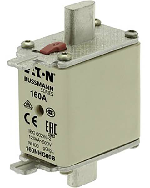 Sicherungseinsatz der Marke 'Eaton Bussmann Series', Typ 160A, mit CE- und EAC-Kennzeichnung, geeignet für 120kA, 500V Systeme.