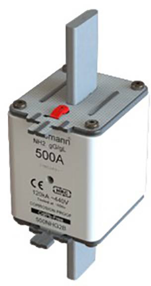 Ein weißer elektrischer Schalter mit grauem Griff, beschriftet mit '500A', zeigt den Stromwert. Er ist für 120A - 440V Wechselstrom spezifiziert.