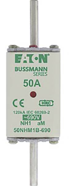 Sicherungseinsatz der Marke EATON Bussmann Series, 50 Ampere, 690 Volt, Modell NH1, abgebildet in vertikaler Position.