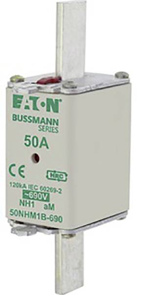 Sicherung der Marke Eaton Bussmann Serie, 50 Ampere, 690 Volt, Modell NH1.