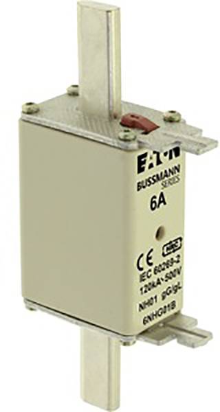 Sicherungseinsatz von Eaton Bussmann Serie mit 6 Ampere, geeignet für eine Spannung bis 500V. Rechteckige Form mit zwei Metallkontakten.