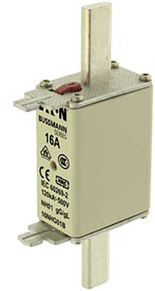 Eine zylindrische Sicherung von Bussmann mit der Aufschrift '16A, 120kA-500V'. Gehäuse aus Metall, seitliche Kontakte oben und unten.