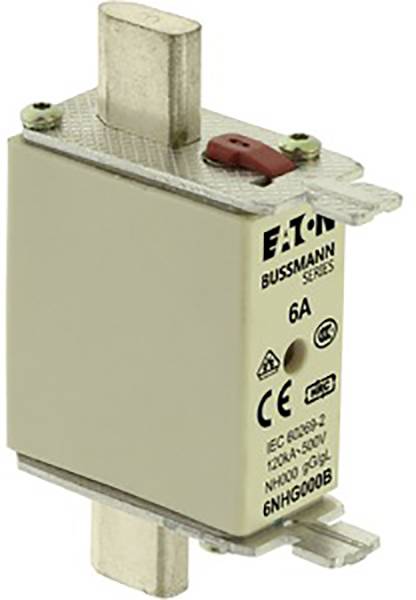 Ein NH-Sicherungseinsatz mit der Aufschrift 'Eaton Bussmann Series 6A'. Geeignet für elektrische Anwendungen.